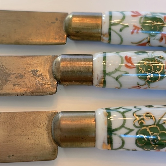 Antique Stahl Bronce Knives Germany Porcelain Brass Hand Painted Appetizer Fruit - Picture 6 of 7